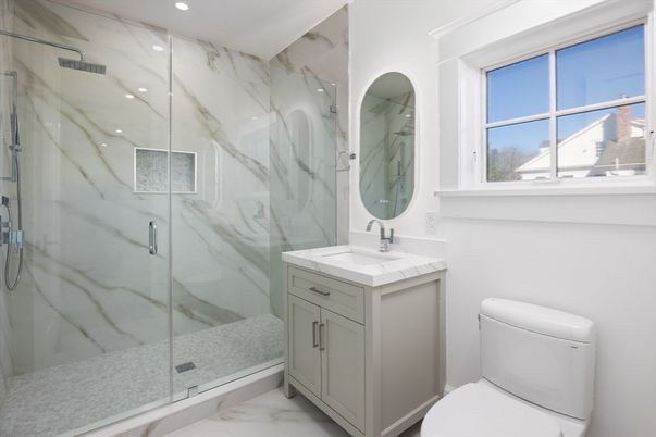 Bathroom, Glass Shower, Interior, Marble, Marble Walls, Recessed Lighting
