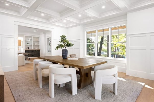 Dining room, Interior, Recessed Lighting, Wood Texture Flooring