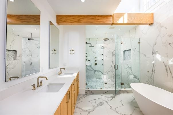 Bathroom, Dual Sink Vanities, Free Standing Baths, Glass Shower, Interior, Marble, Marble Walls, Recessed Lighting