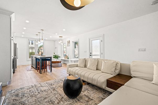 Interior, Kitchen, Living room, Pendant Lights, Recessed Lighting, Wood Texture Flooring