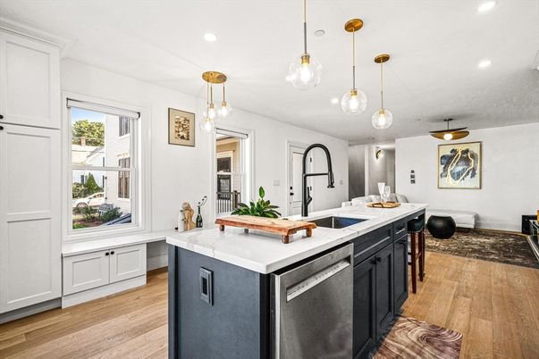 Interior, Kitchen, Pendant Lights, Recessed Lighting, Wood Texture Flooring