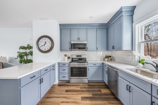 Interior, Kitchen, Recessed Lighting, Stainless Steel Appliances, Wood Texture Flooring