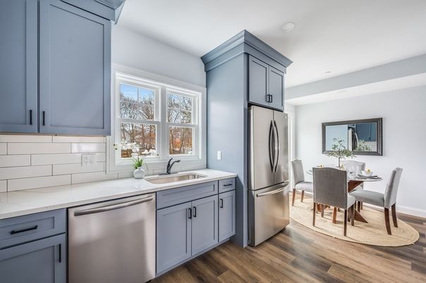 Dining room, Interior, Kitchen, Recessed Lighting, Stainless Steel Appliances, Wood Texture Flooring