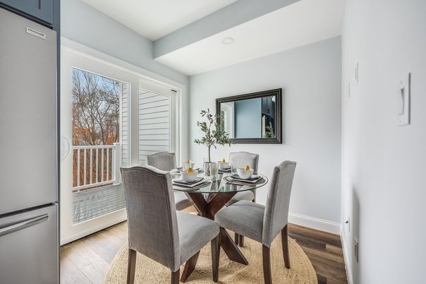 Dining room, Interior, Recessed Lighting, Wood Texture Flooring