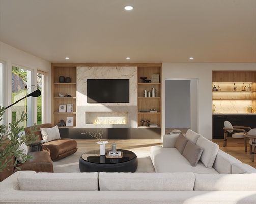 Fireplace, Interior, Living room, Marble Walls, Recessed Lighting, Wood Texture Flooring