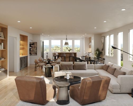 Dining room, Interior, Living room, Pendant Lights, Recessed Lighting, Wood Texture Flooring