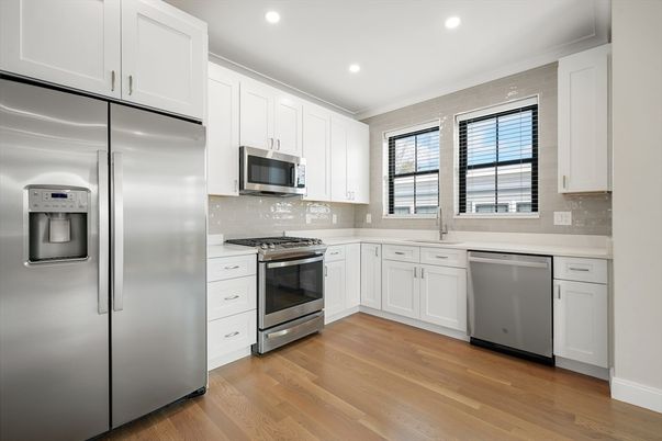 Interior, Kitchen, Recessed Lighting, Stainless Steel Appliances, Wood Texture Flooring