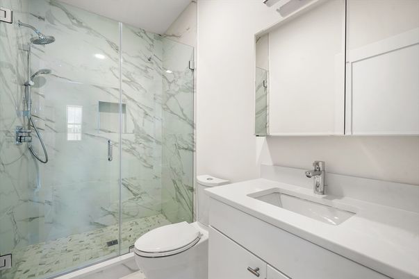 Bathroom, Glass Shower, Interior, Marble Walls, Recessed Lighting
