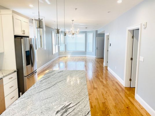 Chandelier, Interior, Kitchen, Pendant Lights, Recessed Lighting, Stainless Steel Appliances, Wood Texture Flooring