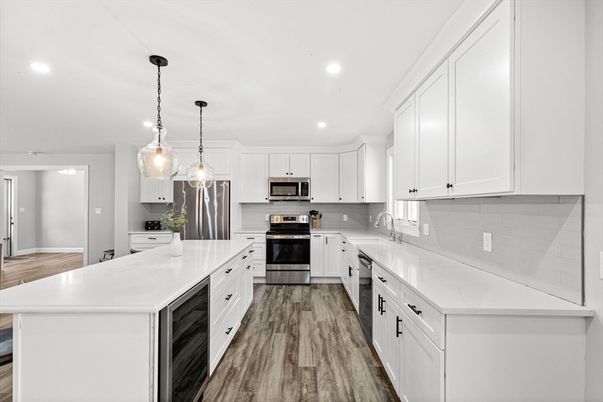 Interior, Kitchen, Pendant Lights, Recessed Lighting, Stainless Steel Appliances, Wood Texture Flooring