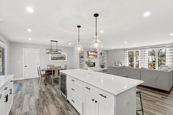 Dining room, Fireplace, Interior, Kitchen, Living room, Pendant Lights, Recessed Lighting, Wood Texture Flooring