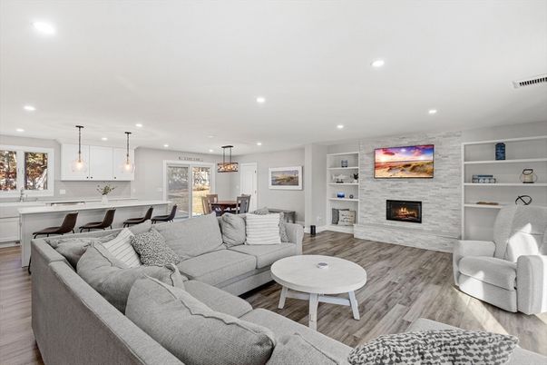 Dining room, Fireplace, Interior, Kitchen, Living room, Pendant Lights, Recessed Lighting, Wood Texture Flooring