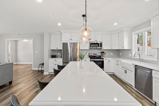 Interior, Kitchen, Pendant Lights, Recessed Lighting, Stainless Steel Appliances, Wood Texture Flooring