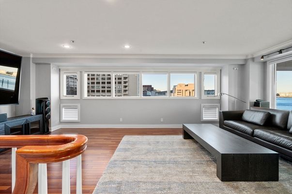 Fireplace, Interior, Living room, Recessed Lighting, Water, Wood Texture Flooring