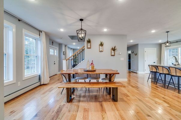 Dining room, Interior, Pendant Lights, Recessed Lighting, Wood Texture Flooring