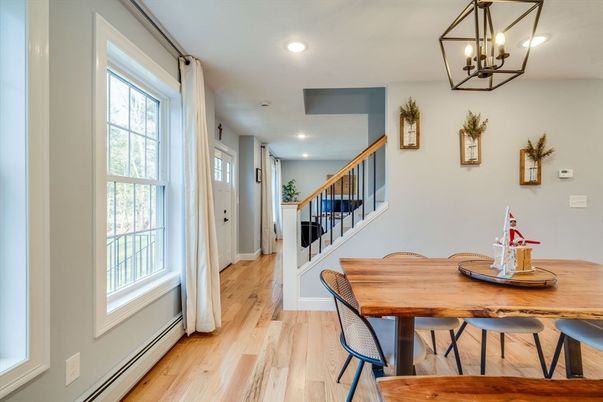 Dining room, Interior, Pendant Lights, Recessed Lighting, Wood Texture Flooring