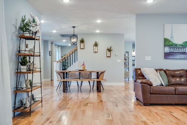 Dining room, Interior, Pendant Lights, Recessed Lighting, Wood Texture Flooring