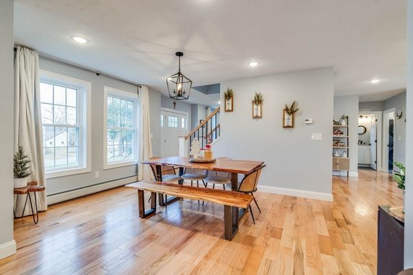 Dining room, Interior, Pendant Lights, Recessed Lighting, Wood Texture Flooring