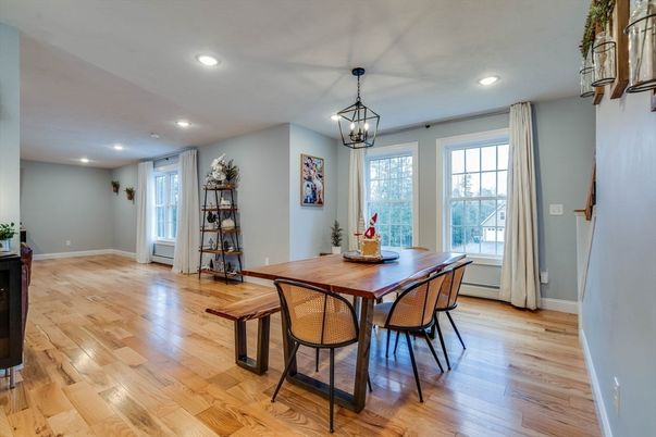 Dining room, Interior, Pendant Lights, Recessed Lighting, Wood Texture Flooring