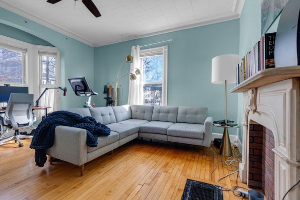 Fireplace, Fitness Equipment, Home Office, Interior, Living room, Wood Texture Flooring
