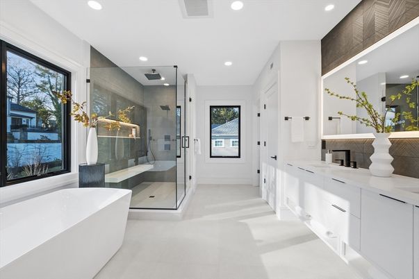 Bathroom, Free Standing Baths, Glass Shower, Interior, Recessed Lighting