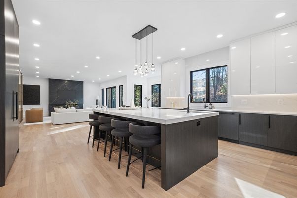 Interior, Kitchen, Living room, Marble Walls, Pendant Lights, Recessed Lighting, Wood Texture Flooring