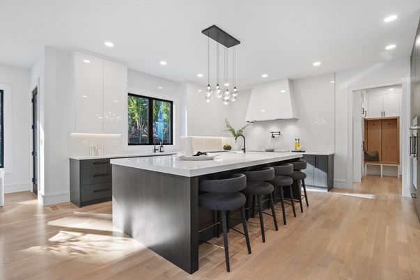 Interior, Kitchen, Marble Walls, Pendant Lights, Recessed Lighting, Wood Texture Flooring