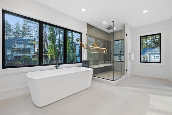 Bathroom, Free Standing Baths, Glass Shower, Interior, Recessed Lighting