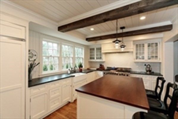 Interior, Kitchen, Pendant Lights, Recessed Lighting, Stainless Steel Appliances, Wooden Beams, Wood Texture Flooring
