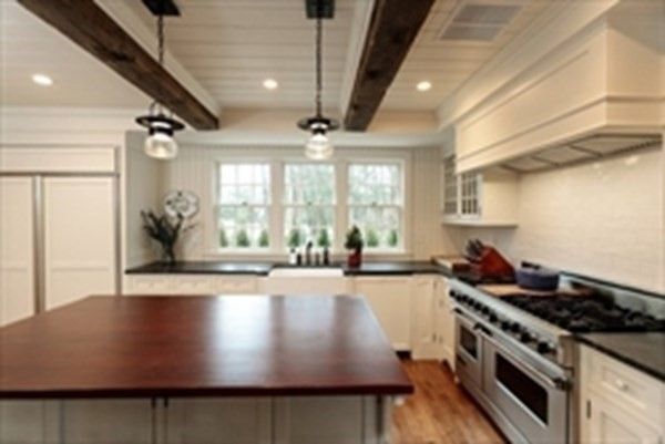 Interior, Kitchen, Pendant Lights, Recessed Lighting, Stainless Steel Appliances, Wooden Beams, Wood Texture Flooring