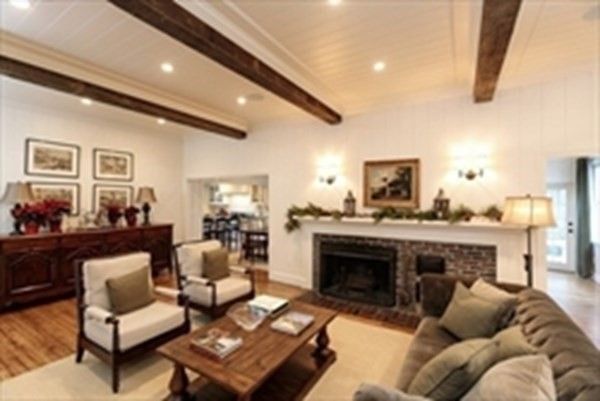 Fireplace, Interior, Living room, Recessed Lighting, Wooden Beams, Wood Texture Flooring