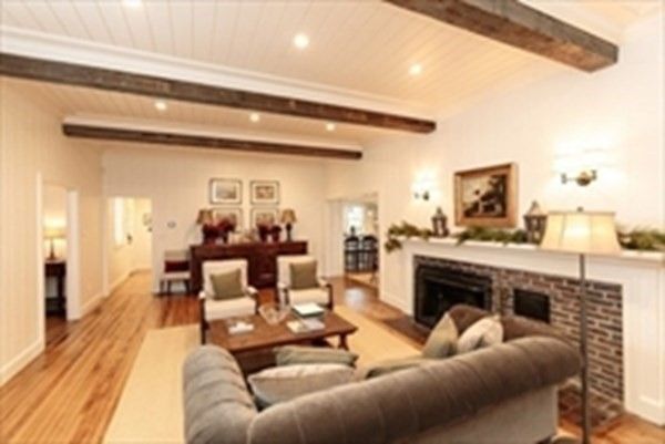 Fireplace, Interior, Living room, Recessed Lighting, Wooden Beams, Wood Texture Flooring