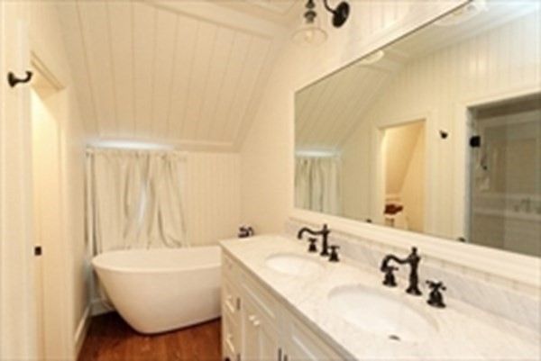 Bathroom, Dual Sink Vanities, Glass Shower, Interior, Pendant Lights, Wood Texture Flooring