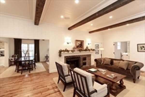 Dining room, Fireplace, Interior, Living room, Recessed Lighting, Wooden Beams, Wood Texture Flooring
