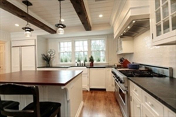 Interior, Kitchen, Pendant Lights, Recessed Lighting, Stainless Steel Appliances, Wooden Beams, Wood Texture Flooring