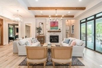 Chandelier, Fireplace, Interior, Living room, Recessed Lighting, Wooden Beams, Wood Texture Flooring