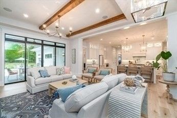 Interior, Kitchen, Living room, Pendant Lights, Recessed Lighting, Stainless Steel Appliances, Wooden Beams, Wood Texture Flooring