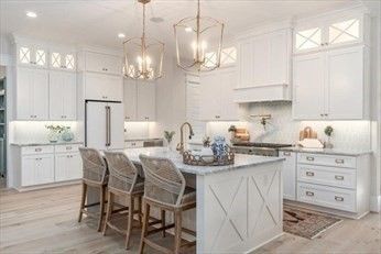 Chandelier, Interior, Kitchen, Pendant Lights, Recessed Lighting, Stainless Steel Appliances, Wood Texture Flooring