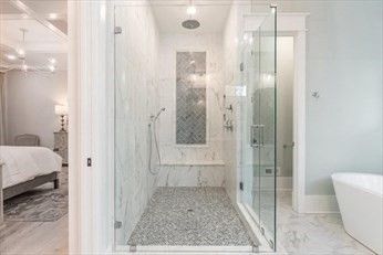 Bathroom, Bedroom, Free Standing Baths, Glass Shower, Interior, Marble, Marble Walls, Pendant Lights, Recessed Lighting
