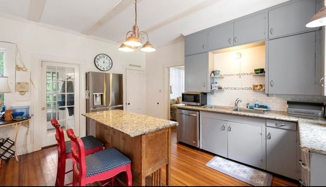 Interior, Kitchen, Pendant Lights, Stainless Steel Appliances, Wood Texture Flooring
