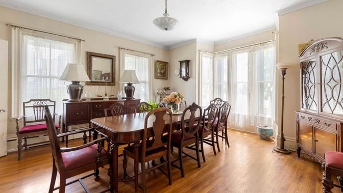 Dining room, Interior, Pendant Lights, Wood Texture Flooring