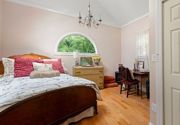 Bedroom, Chandelier, Interior, Wood Texture Flooring