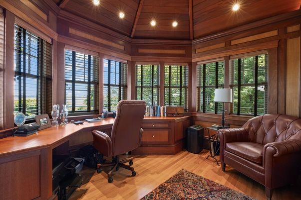 Home Office, Interior, Recessed Lighting, Wooden Ceilings, Wood Texture Flooring, Wooden Walls