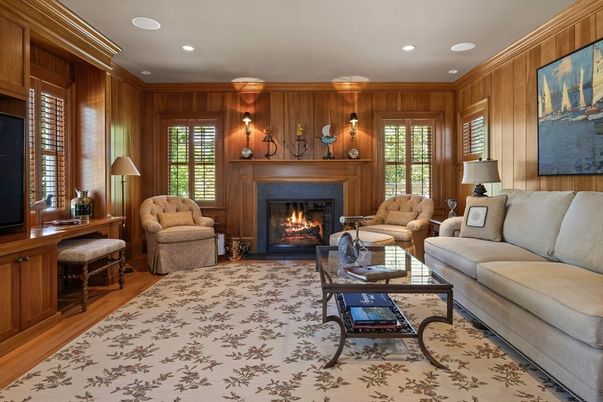 Fireplace, Interior, Living room, Recessed Lighting, Wood Texture Flooring, Wooden Walls