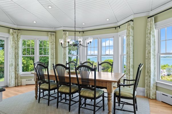 Dining room, Interior, Pendant Lights, Recessed Lighting, Water, Wood Texture Flooring
