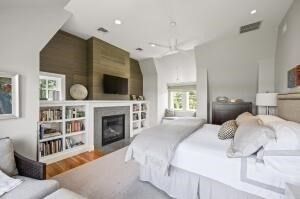 Bedroom, Fireplace, Interior, Recessed Lighting, Wood Texture Flooring