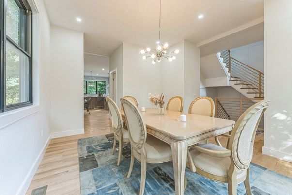 Dining room, Interior, Pendant Lights, Recessed Lighting, Wood Texture Flooring