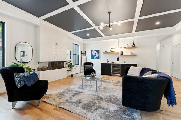 Interior, Living room, Pendant Lights, Recessed Lighting, Wood Texture Flooring
