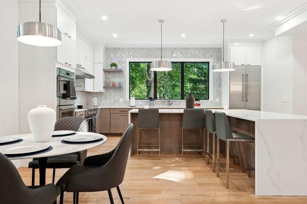 Dining room, Interior, Kitchen, Pendant Lights, Recessed Lighting, Stainless Steel Appliances, Wood Texture Flooring
