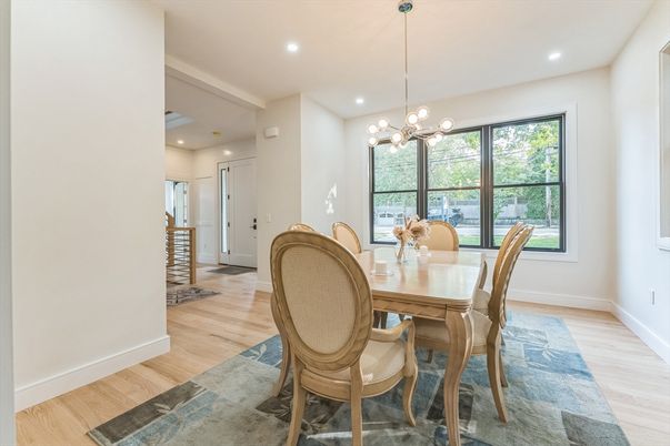 Dining room, Interior, Pendant Lights, Recessed Lighting, Wood Texture Flooring